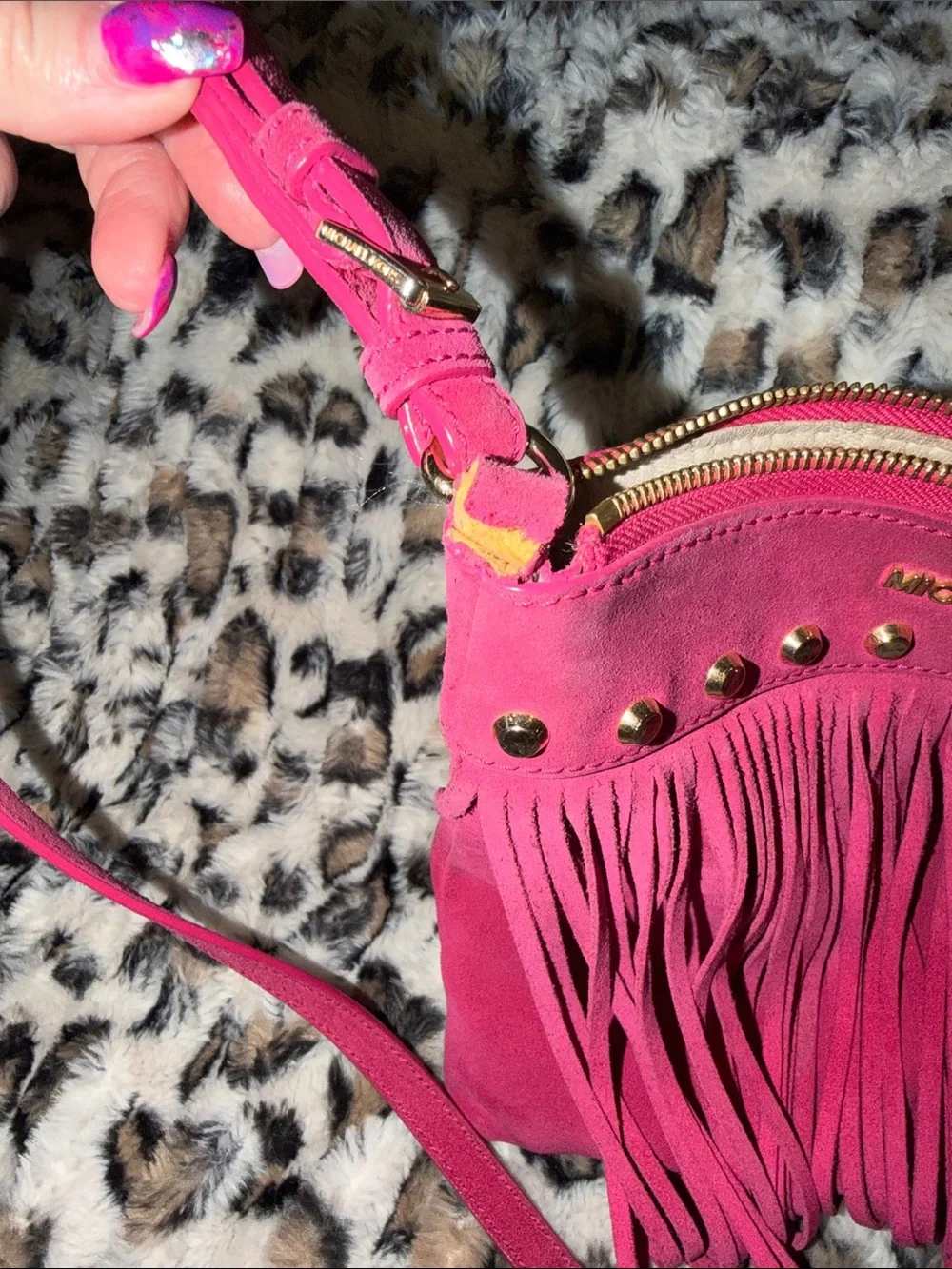 Michael Kors Hot Pink Suede Billy Fringe Crossbody with Gold Hardware
